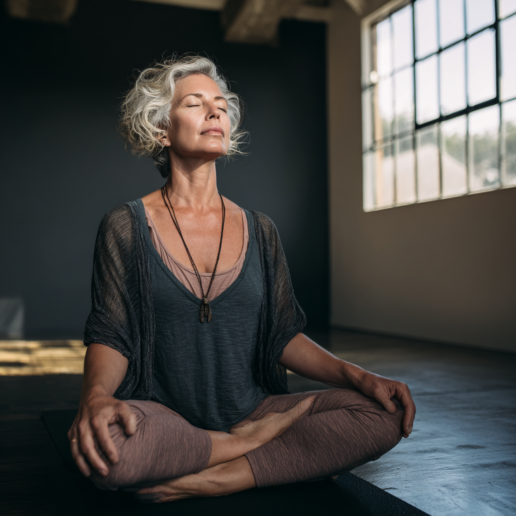 mature woman practicing yoga meditation in peaceful studio